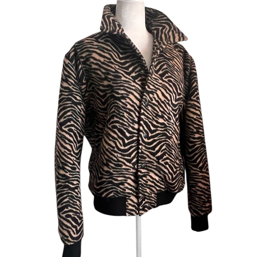 Straight to Hell Zebra Leopard Animal Print Faux Fur Varsity Bomber Jacket L